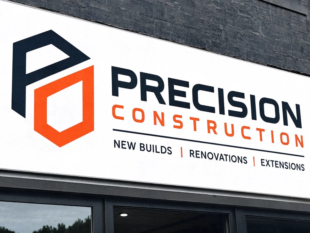 Precision Construction shopfront sign printed from a print-ready vector logo file at full size